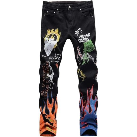 NEW w Tags 3D Painted Graffiti Jeans Men's Pants Streetwear Jeans Slim Fit - Picture 8 of 8